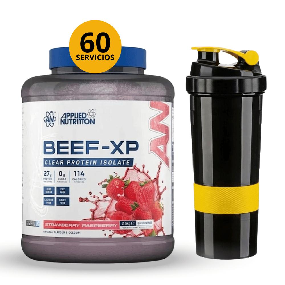 BEEF-XP 1.8KG BEEF PROTEIN SABOR FRESA Y FRAMBUESA CON SHAKER DE 3 CUERPOS