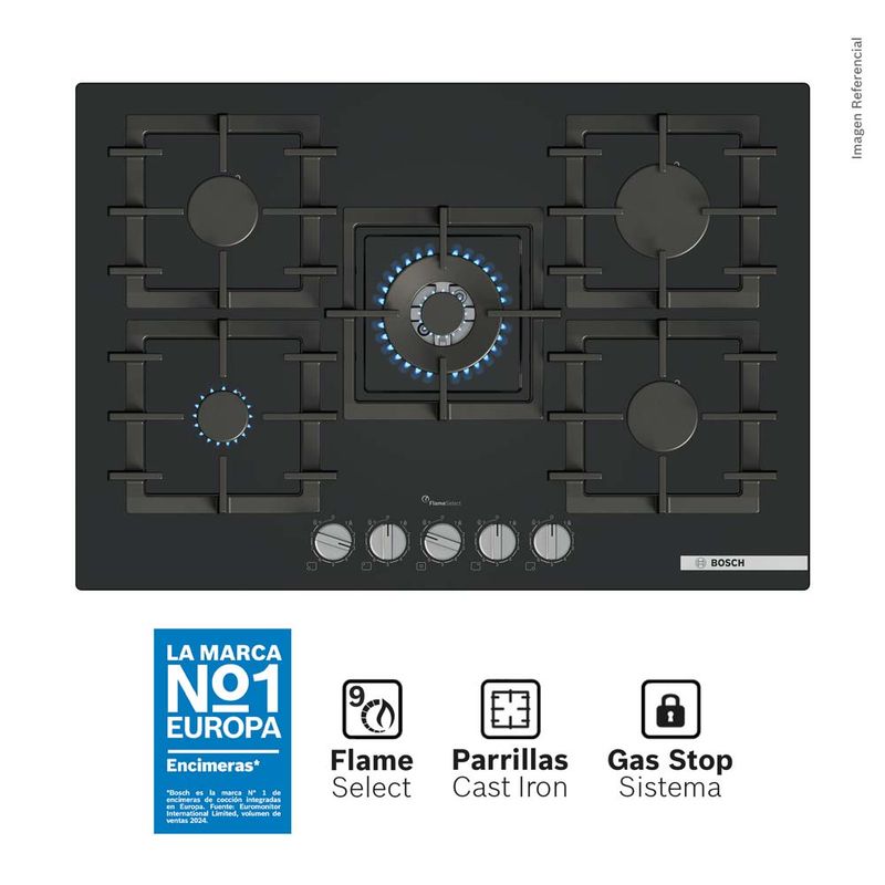 Bosch 5 Hornillas Gas Encimera Cristal Templado PPQ7A6I40