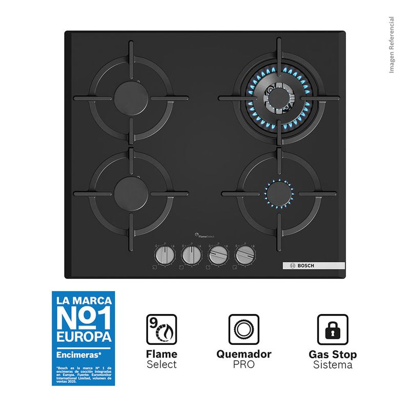 Bosch 4 Hornillas Gas Encimera Cristal Templado PPH6A6I10