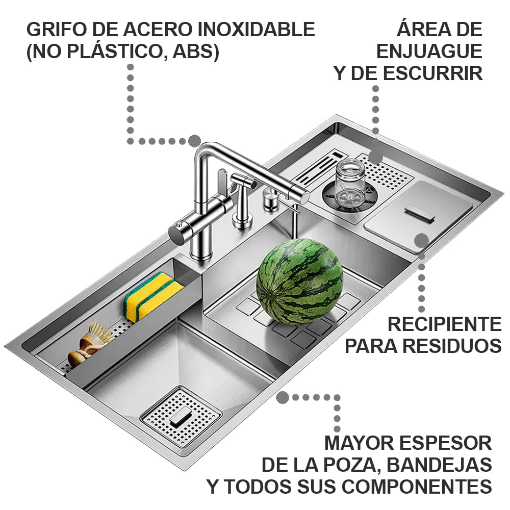 Lavadero Multifuncional De Lujo y Grifería Dual de Acero Inoxidable 304 con Recipiente para Residuos