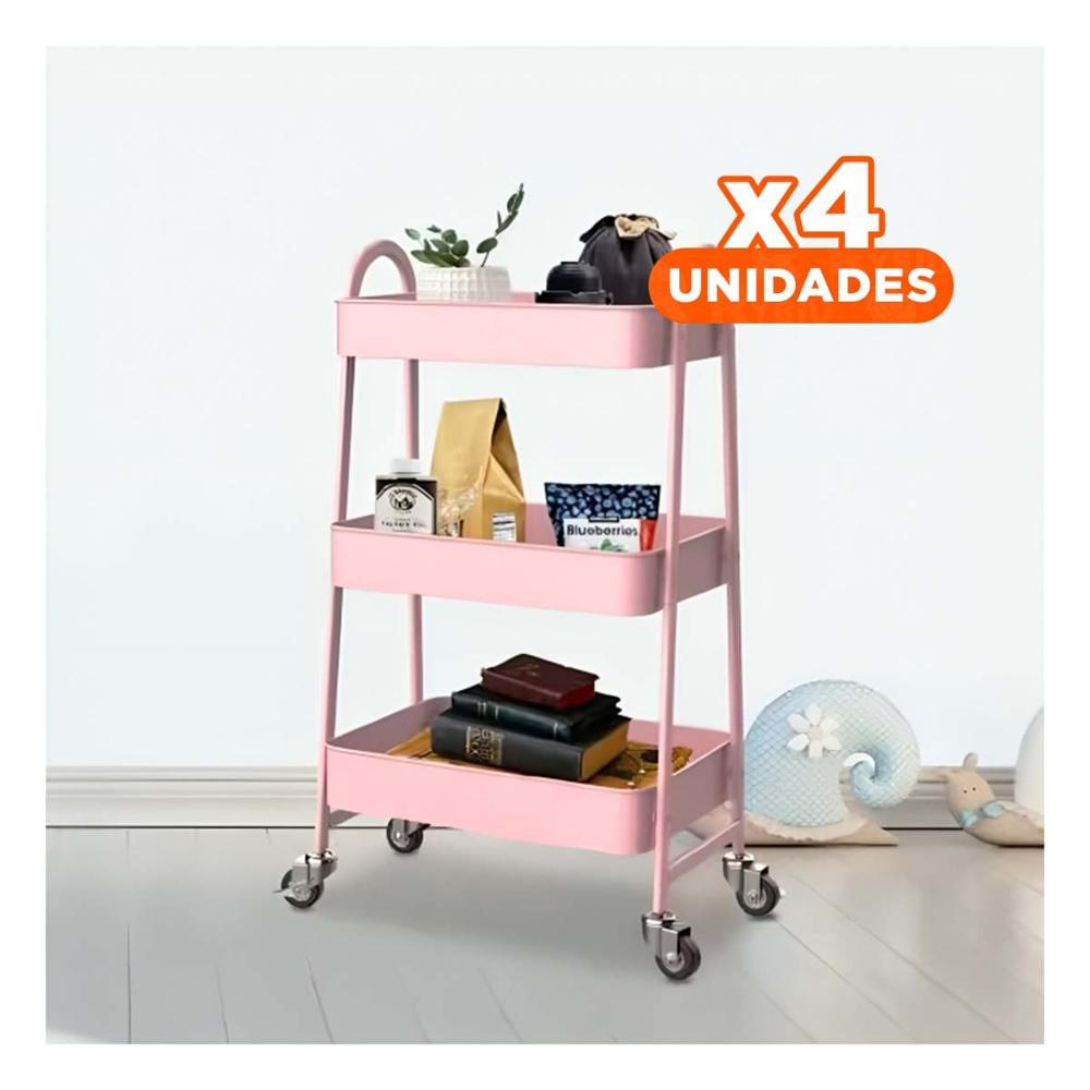 Pack4 Bandeja multiusos 3 niveles con ruedas y asas metal rosado para casa Y Papel Regalo