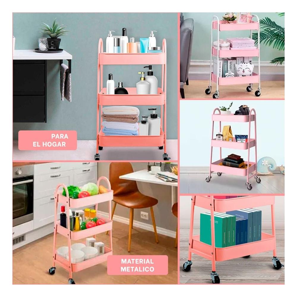 Mueble carrito 3 niveles con ruedas y asas metal rosado practico y versatil Y Ligas Regalo