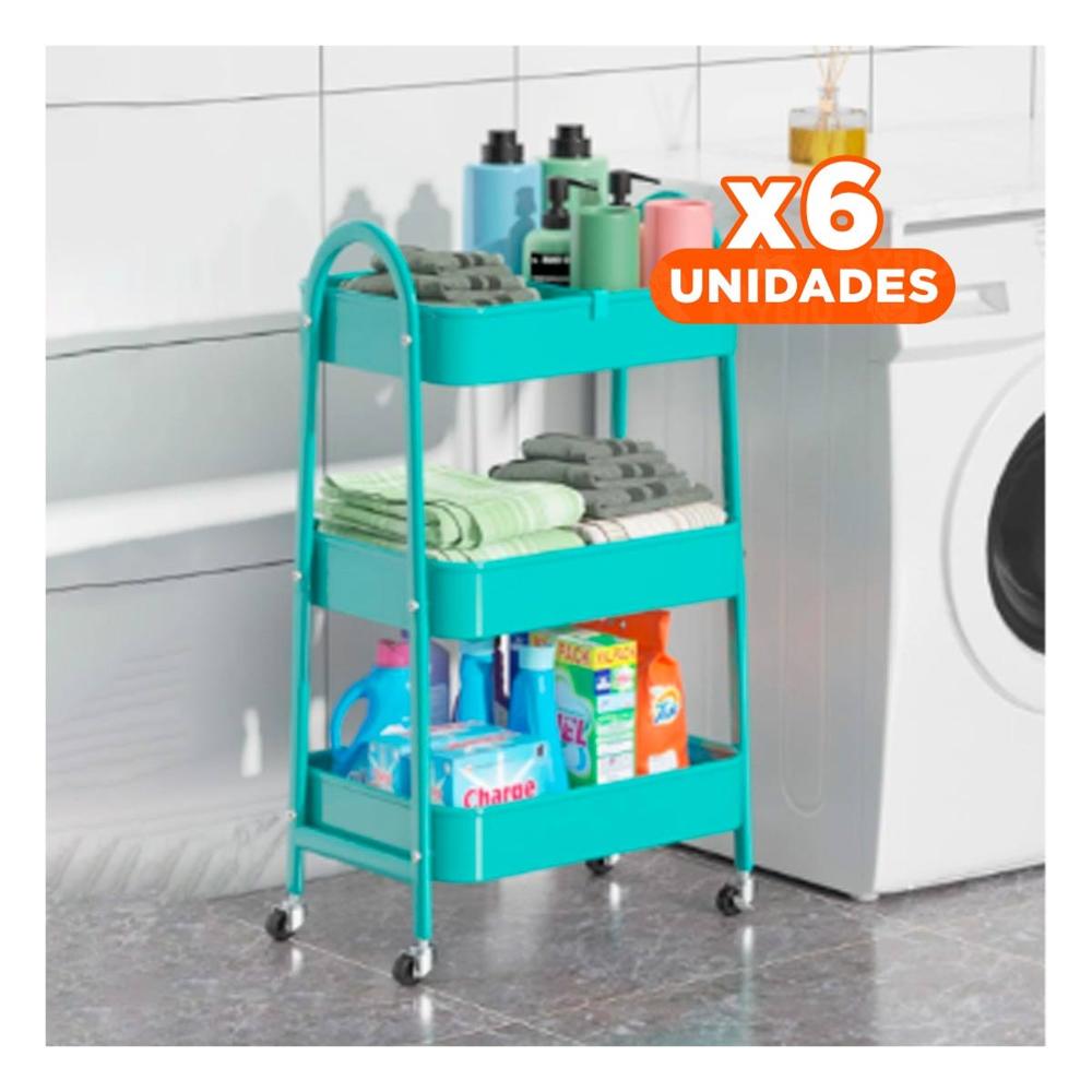 Pack6 Organizador auxiliar 3 niveles con ruedas y asas metal celeste practico