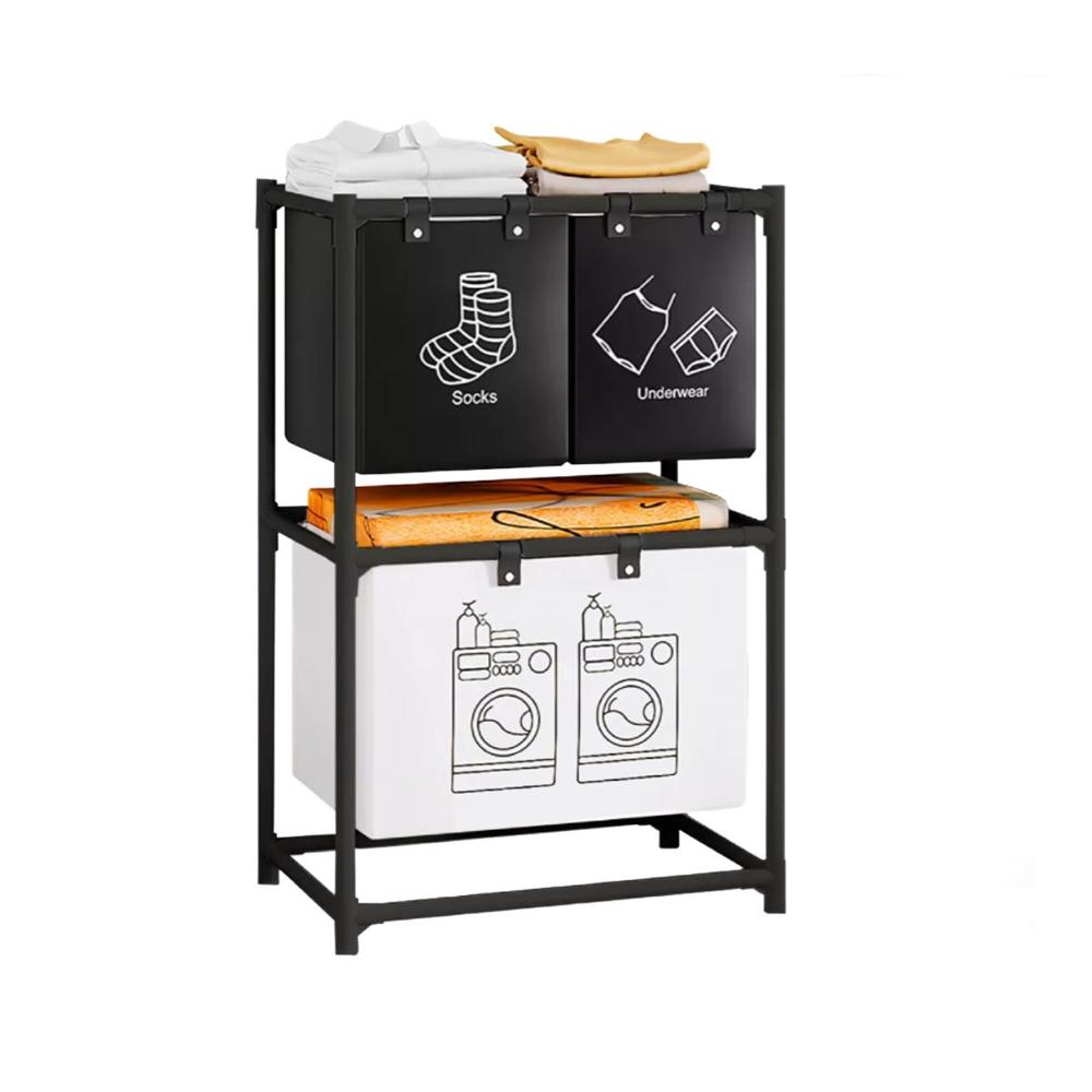 Caja para ropa sucia 2 niveles con 3 cestos negro y blanco Y notas