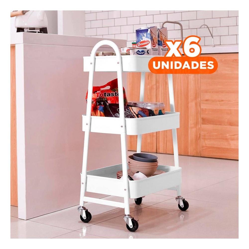 Pack6 Repisa metalica 3 niveles con ruedas y asas blanco para oficina