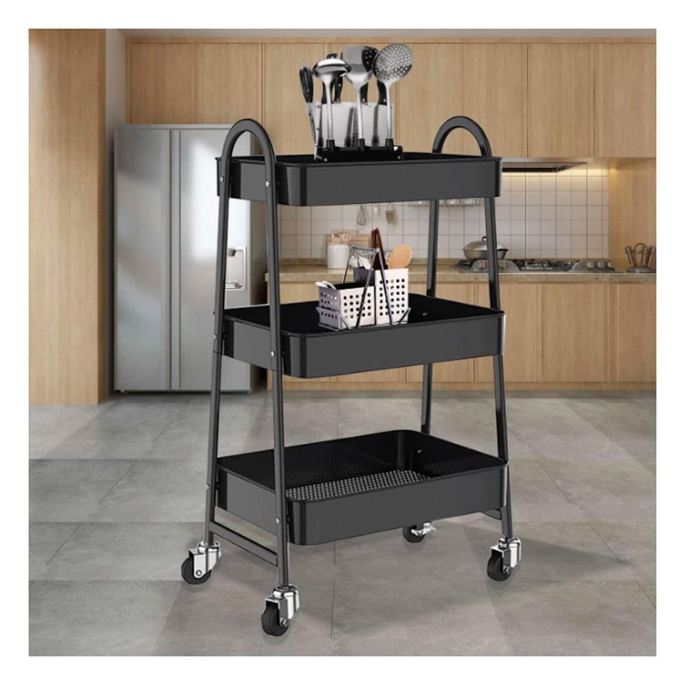 Estante carrito 3 niveles con ruedas y asas metal negro para organizar tu hogar