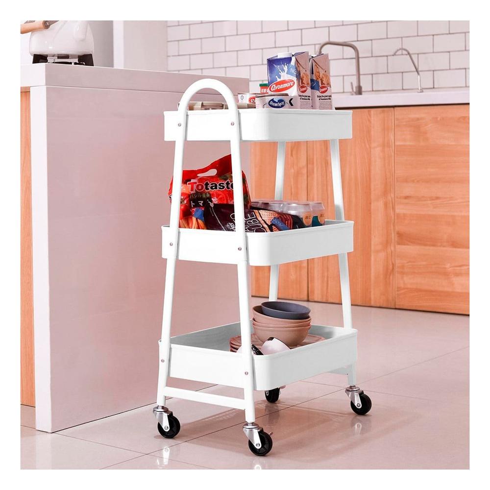 Estante carrito 3 niveles con ruedas y asas metal blanco