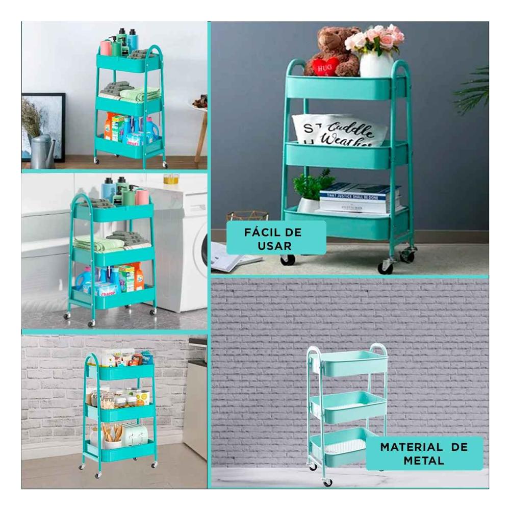 Mueble carrito 3 niveles con ruedas y asas metal celeste funcional Y Ligas Regalo