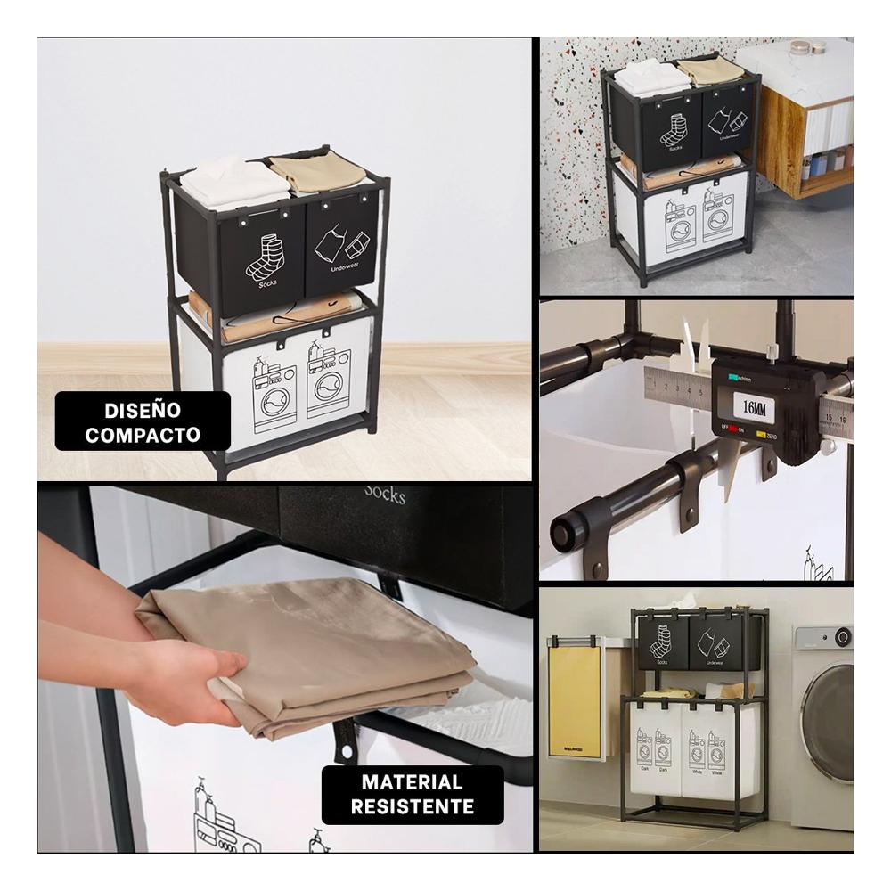 Canasto para ropa sucia 2 niveles con 3 cestos negro y blanco Y Ligas Regalo