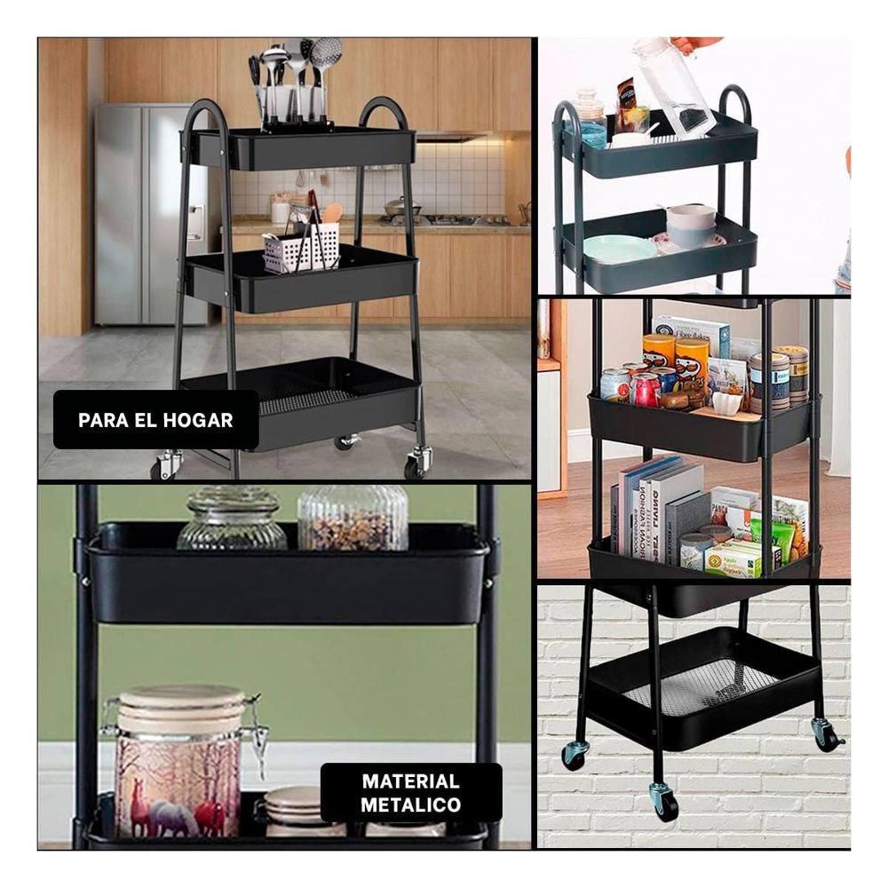 Mueble carrito 3 niveles con ruedas y asas metal negro para almacenamiento Y Ligas Regalo