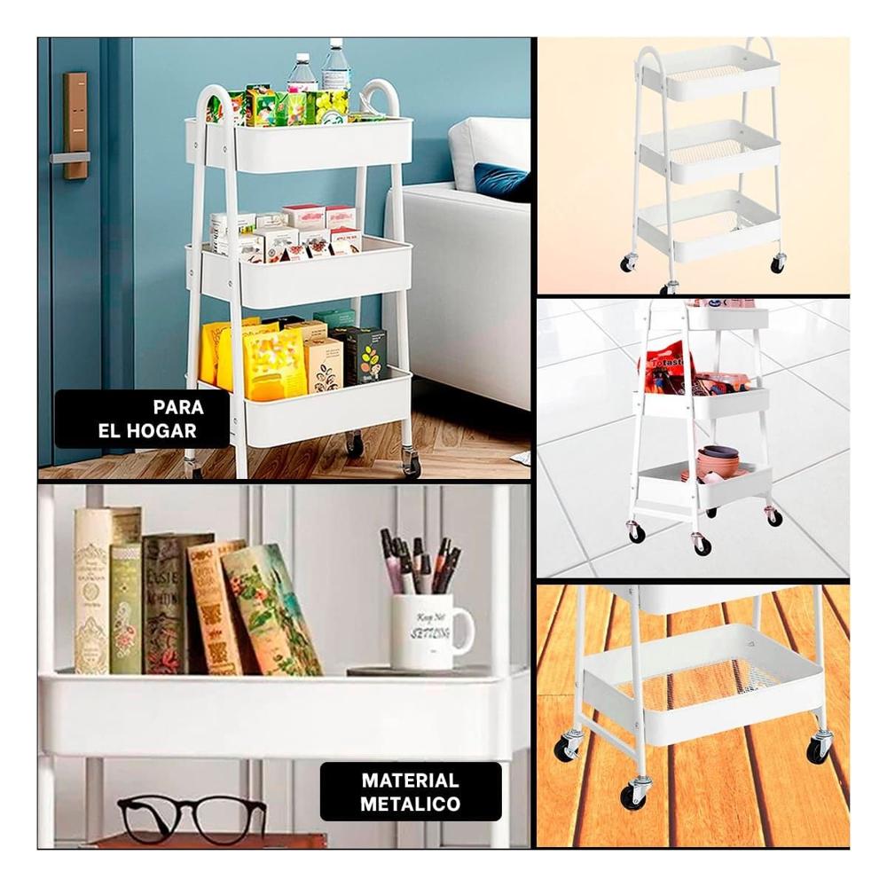 Organizador carrito 3 niveles con ruedas y asas metal blanco Y Ligas Regalo