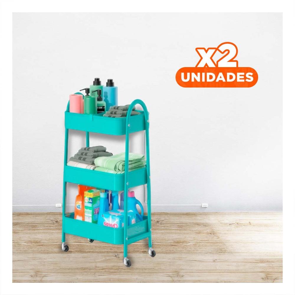 Pack2 Carrito de metal 3 niveles con ruedas y asas celeste para sala