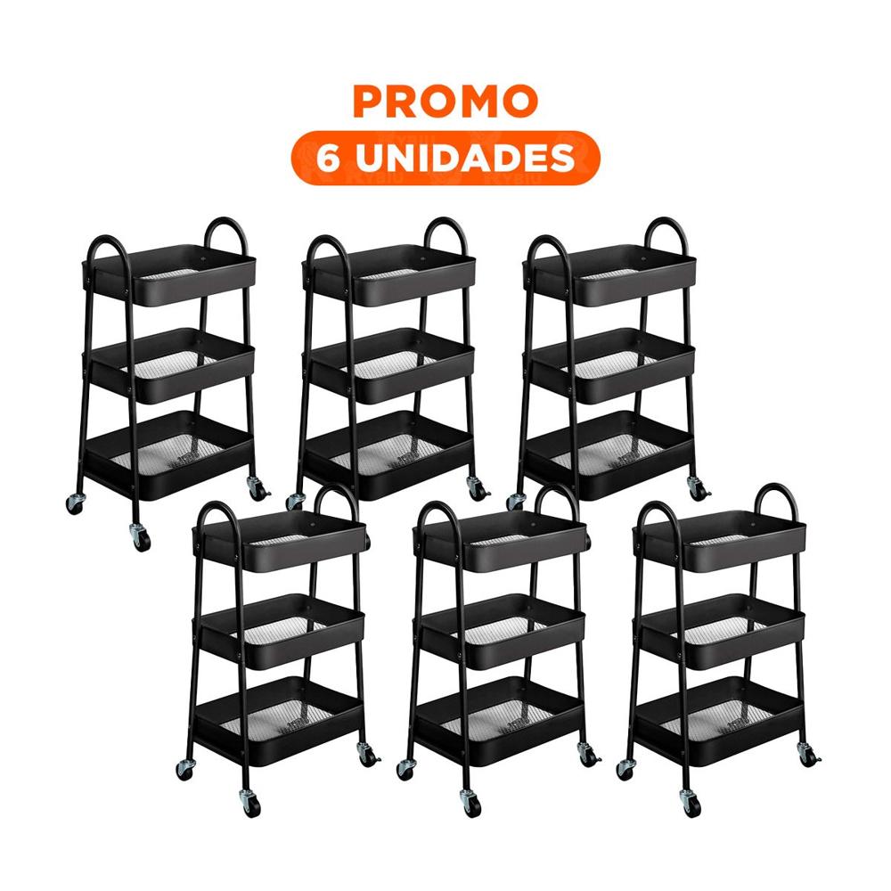 Pack6 Mueble metalico 3 niveles con ruedas y asas negro para hogar y oficina Y Regalo Sticker