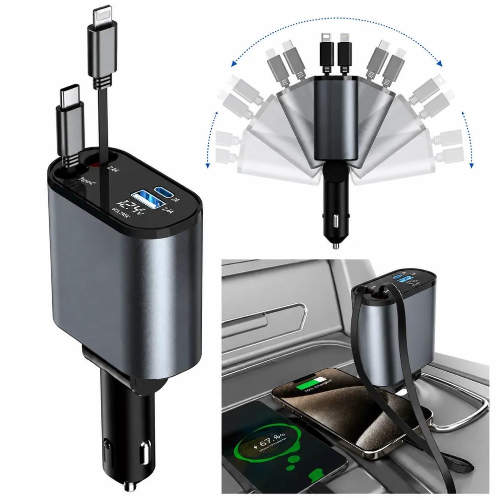 Adaptador Carga Rápida para Vehículos 4 en 1 con Cables Retráctiles y Lightning Pantalla Digital