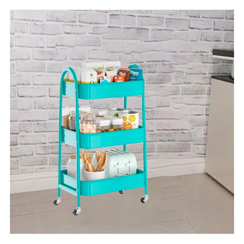 Rack carrito 3 niveles con ruedas y asas metal celeste resistente Y Notas