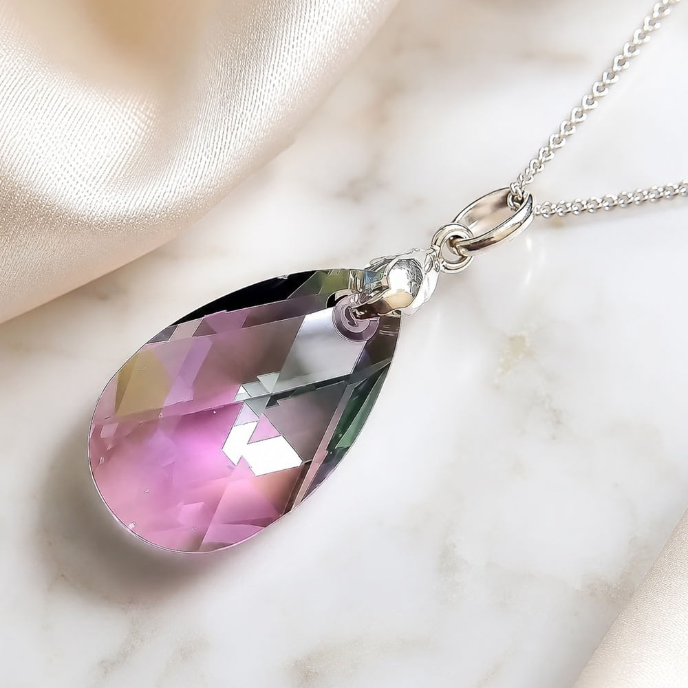 Collar de Plata 925 con Dije de Cristal Gota Lila Joyeria Elegante para Regalo Mujer