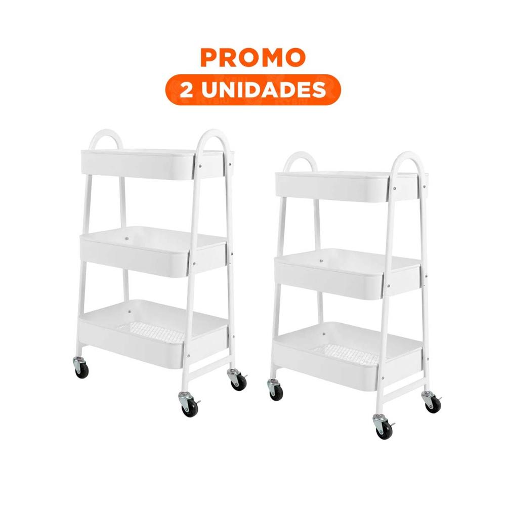 Pack2 Bandeja organizadora 3 niveles con ruedas y asas metal blanco Y Regalo Sticker