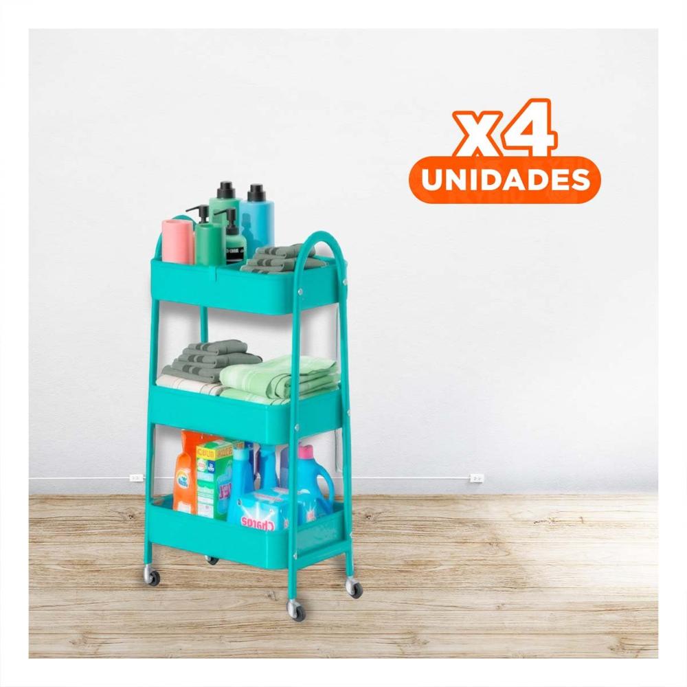 Pack4 Rack de metal 3 niveles con ruedas y asas celeste resistente Y Papel Regalo