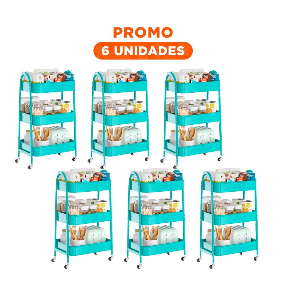 Pack6 Mueble auxiliar 3 niveles con ruedas y asas metal celeste funcional Y Regalo Sticker