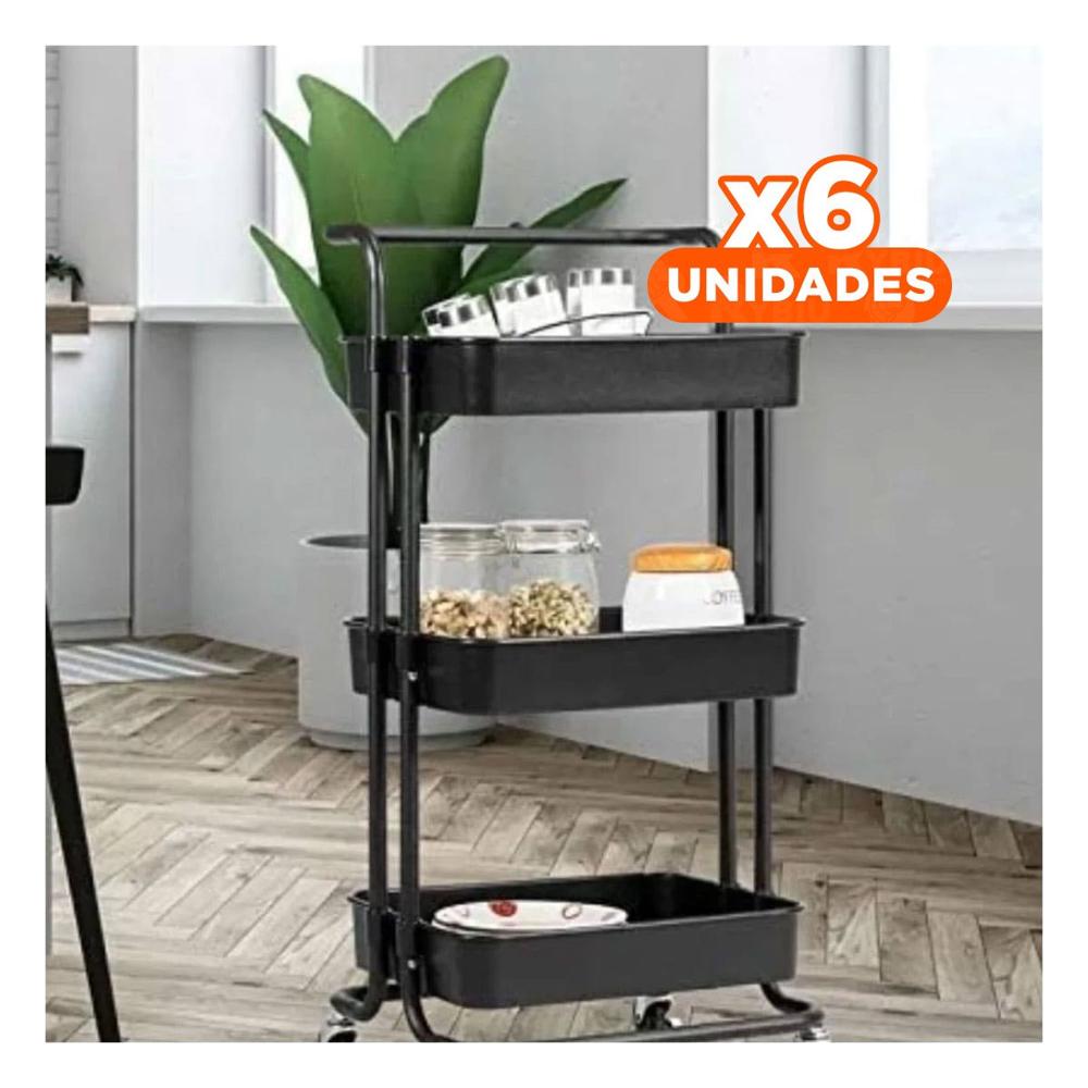 Pack6 Mueble Auxiliar 3 Niveles con Ruedas y Mango Grande para Orden Funcional