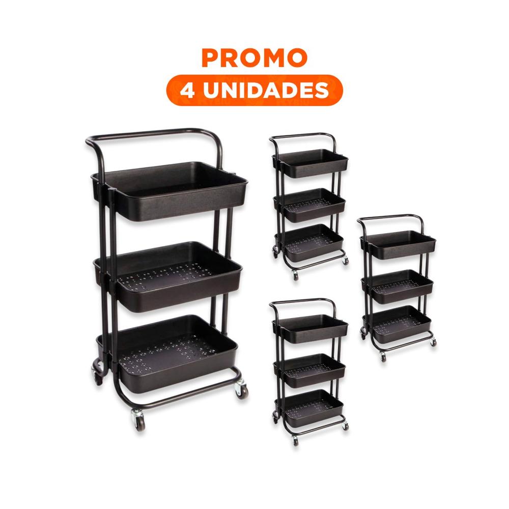Pack4 Modulo Movil 3 Niveles con Ruedas y Mango Grande para Almacenamiento Hogar