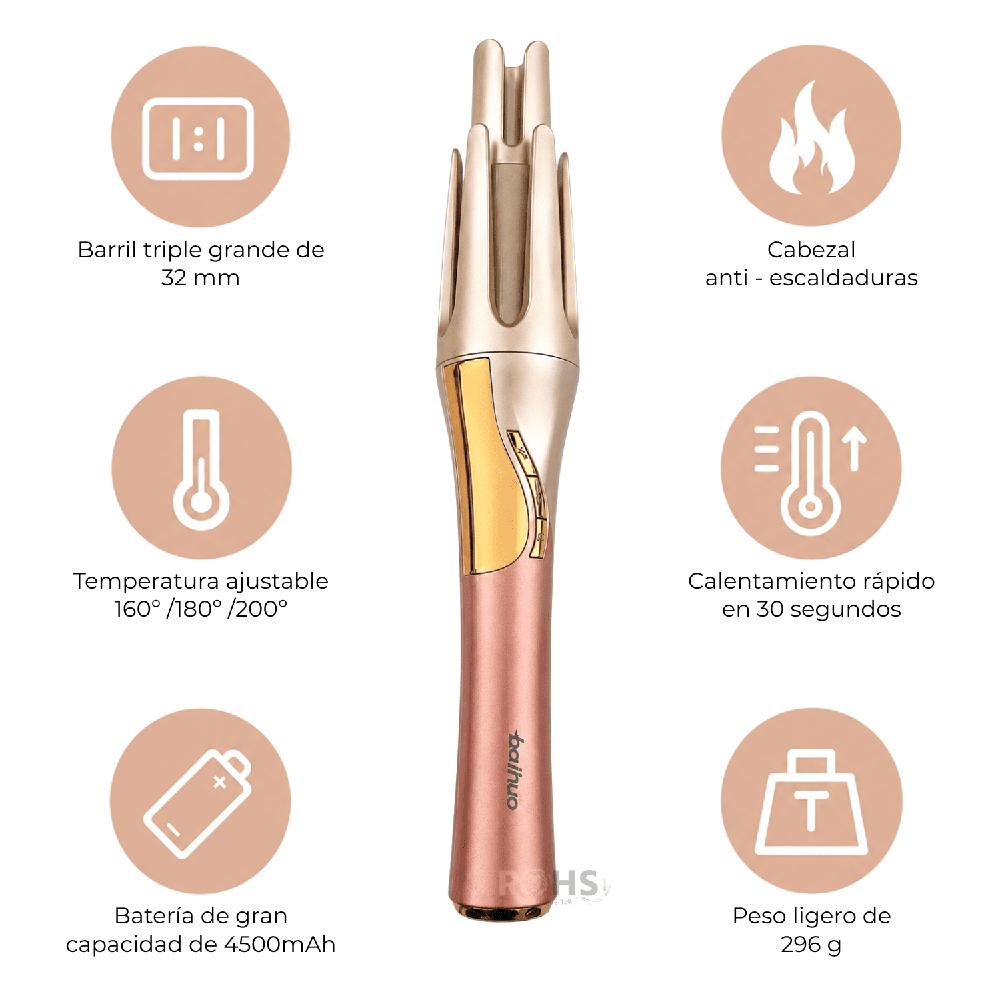 Rizador De Cabello Baihuo Dorado MY 7577 Inalambrico Barril Triple 32 mm Recargable Ceramico