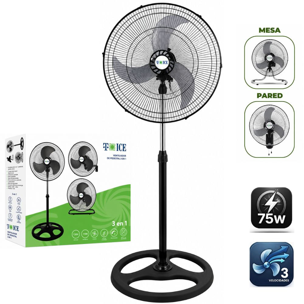 Ventilador T-ICE 75 Watts 3 ASPAS  Pedestal Mesa y Pared