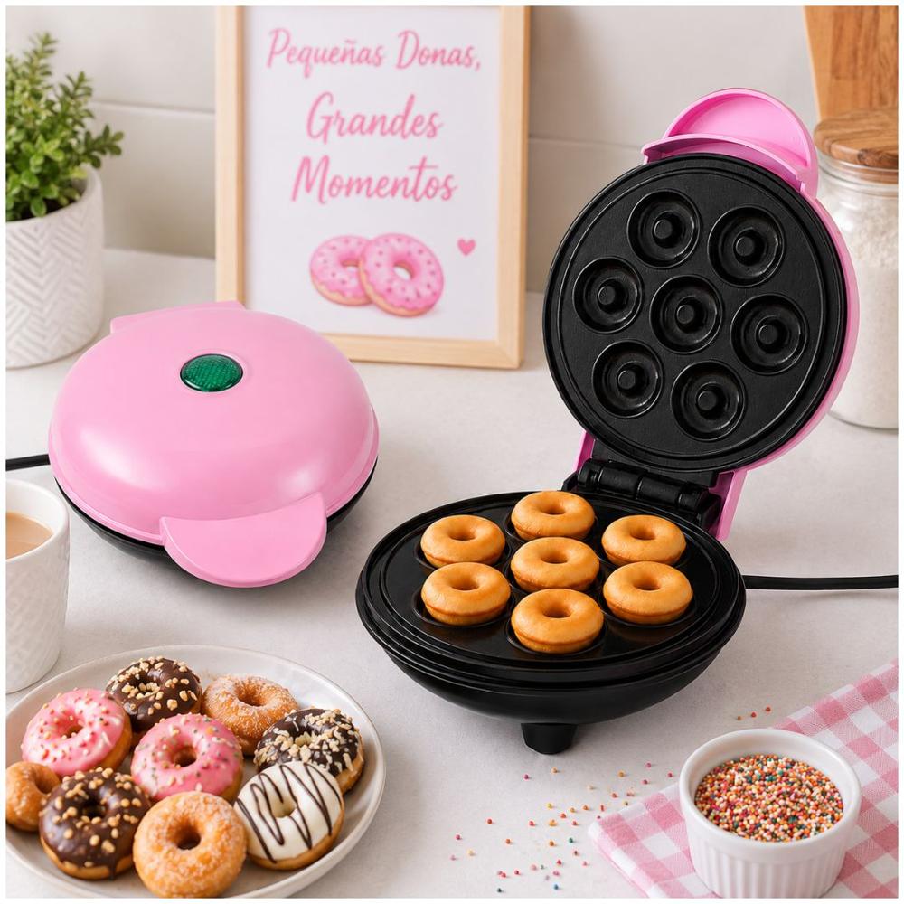 Mini Wafflera Para 7 Mini Donas Antiadherente Eléctrica Portátil de 350W Rosado