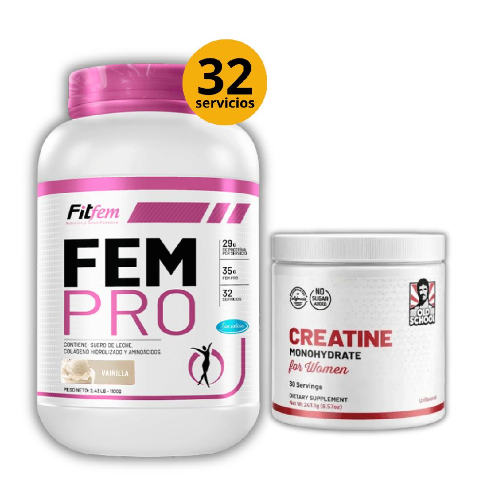 Proteína Fem Pro Whey 1.1KG Fit Fem Vainilla Creatina para mujer 240GR Old school