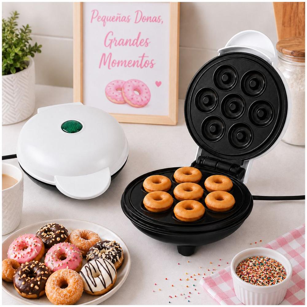 Mini Wafflera Para 7 Mini Donas Antiadherente Eléctrica Portátil de 350W  Blanco