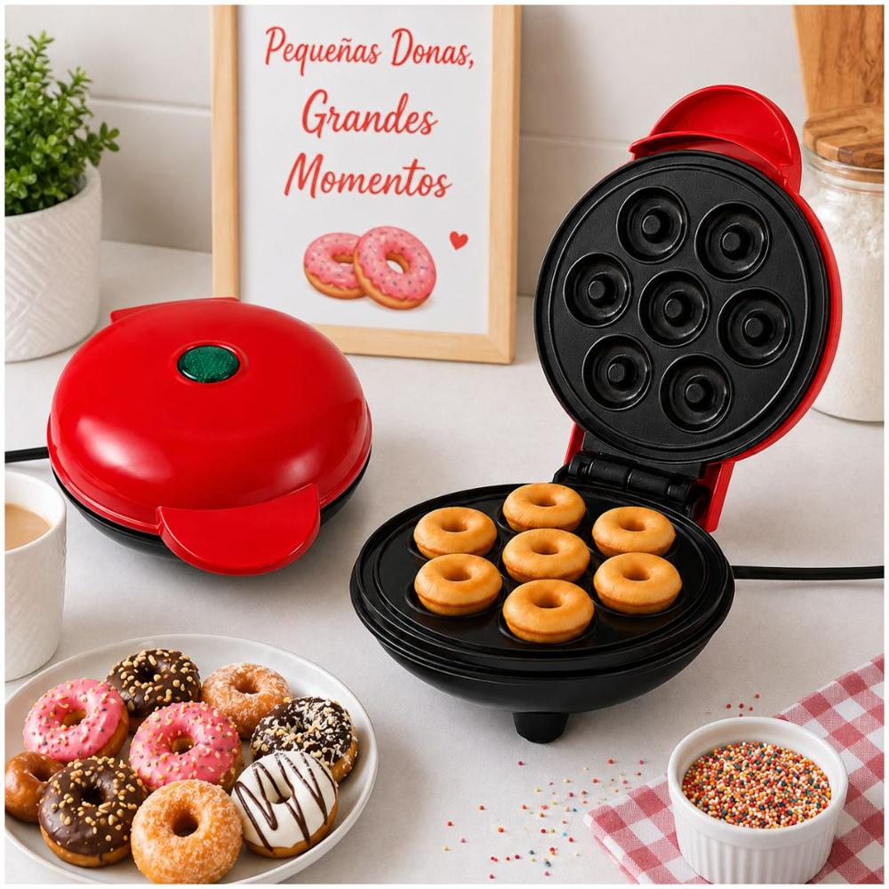 Mini Wafflera Para 7 Mini Donas Antiadherente Eléctrica Portátil de 350W Rojo