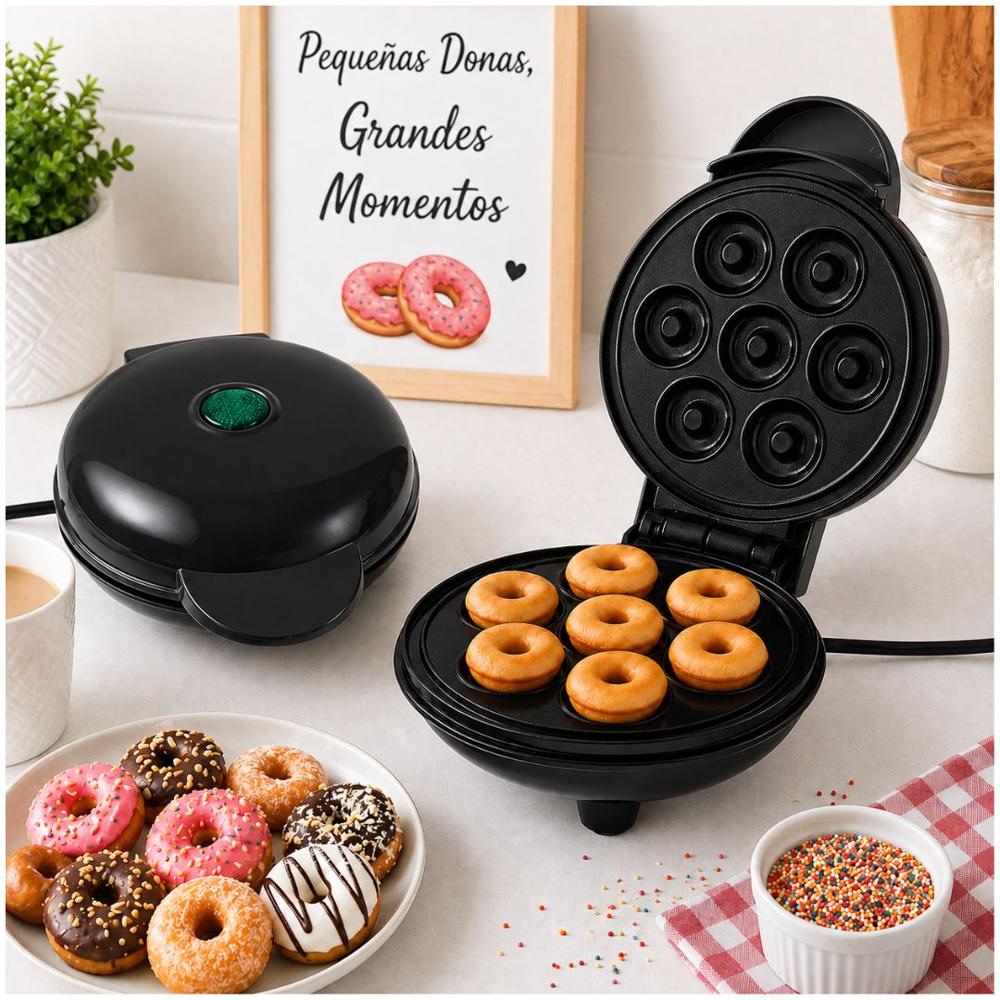 Mini Wafflera Para 7 Mini Donas Antiadherente Eléctrica Portátil de 350W Negro