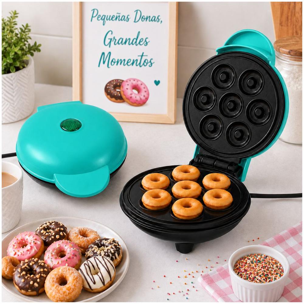 Mini Wafflera Para 7 Mini Donas Antiadherente Eléctrica Portátil de 350W Verde agua
