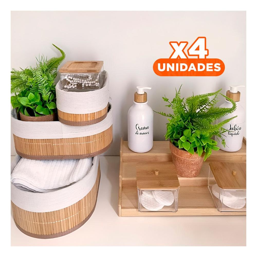 Pack4 Cestas Funcionales de Bambu y Tela para Almacenamiento Decorativo Y Regalo Sticker