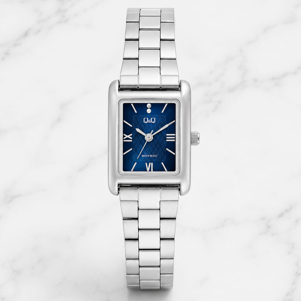 Reloj QyQ para Mujer Plateado Diseño Rectangular con Esfera Azul Modelo C69A-004PY Regalo Elegante
