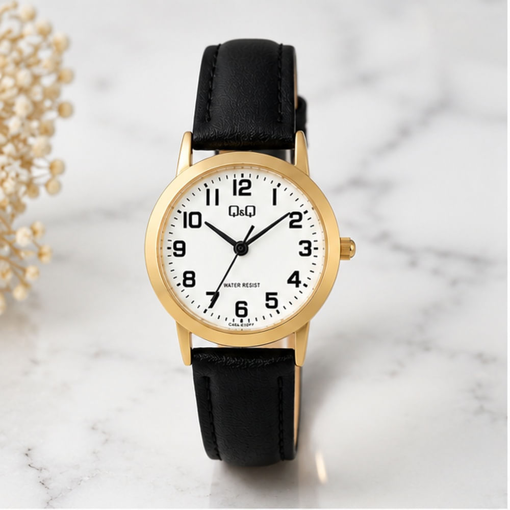 Reloj QyQ Bisel Dorado y Fondo Blanco con Correa de Cuero Negra Modelo C40A-010PY Regalo Elegante
