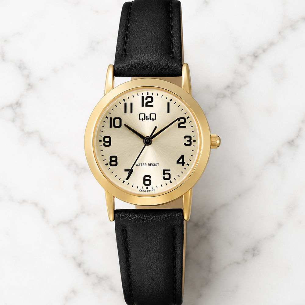 Reloj QyQ para Mujer Dorado Clásico Correa Negra Modelo C40A-011PY Regalo Elegante para Mujer