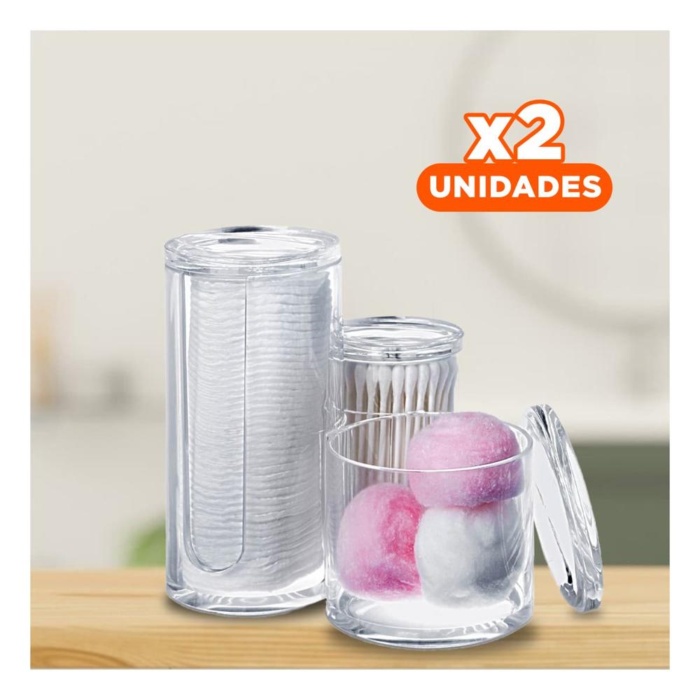 Pack2 Porta algodon acrilico con 3 espacios tubulares y tapa para uso diario transparente