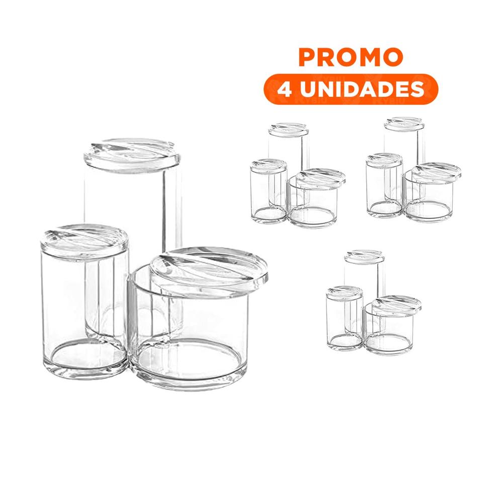 Pack4 Contenedor tubular acrilico con 3 espacios y tapa para orden personal transparente