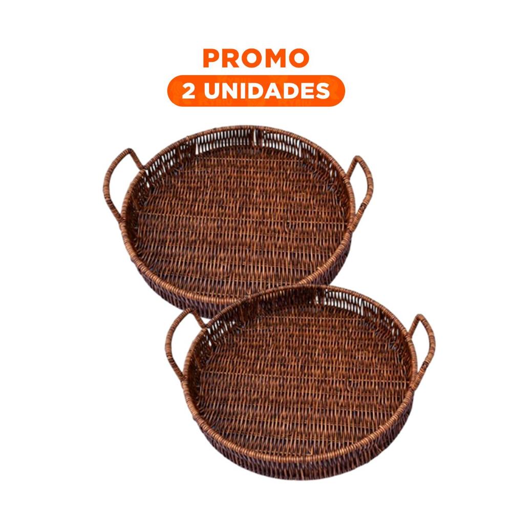 Pack2 Bandeja tejida circular con asas para mantener orden en sala marron Y Regalo Sticker