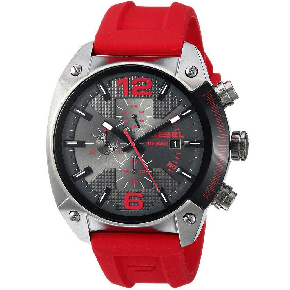 Reloj Diesel Overflow DZ4481 Fecha Cronómetro Acero Gunmetal Correa de Silicona Rojo