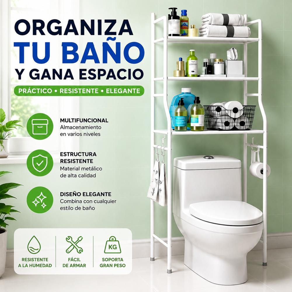 Estante Organizador Multifuncional 3 Niveles Con Ganchos Laterales Para Baño o Lavandería TM0090.