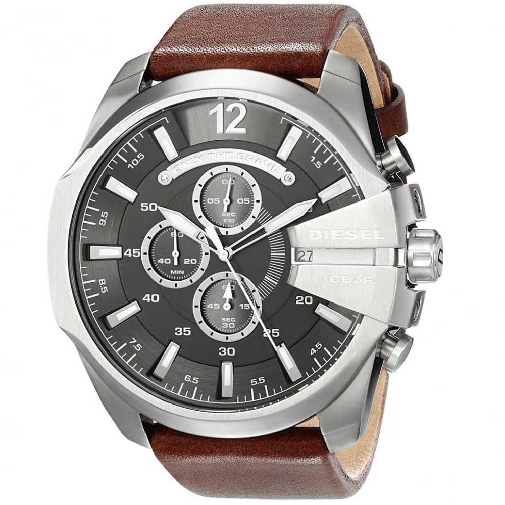 Reloj Diesel Mega Chief DZ4290 Fecha Cronometro Correa de Cuero Marron Dial Gris