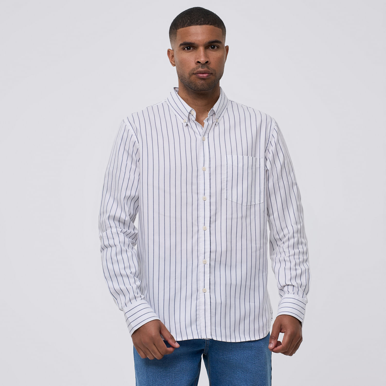 Camisa Manga Larga Hombre Rayas Bolsillo Malabar Blanco Talla L
