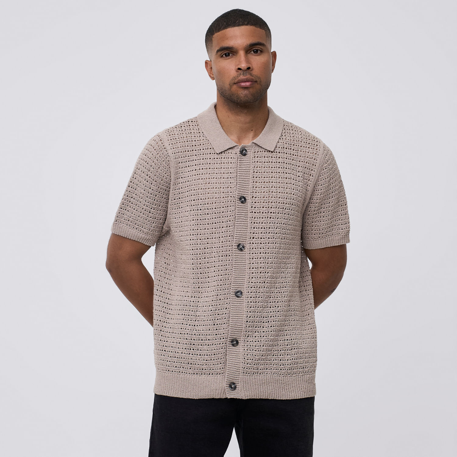 Camisa Manga Corta Hombre Tejido Hueco Malabar Beige Talla XL