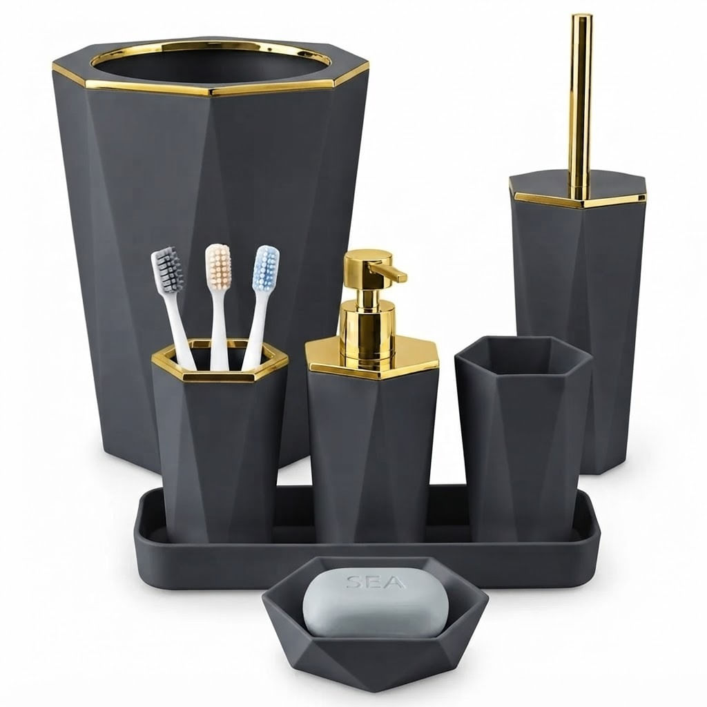 SET DE 7 ACCESORIOS PARA BAÑO COLOR GRIS