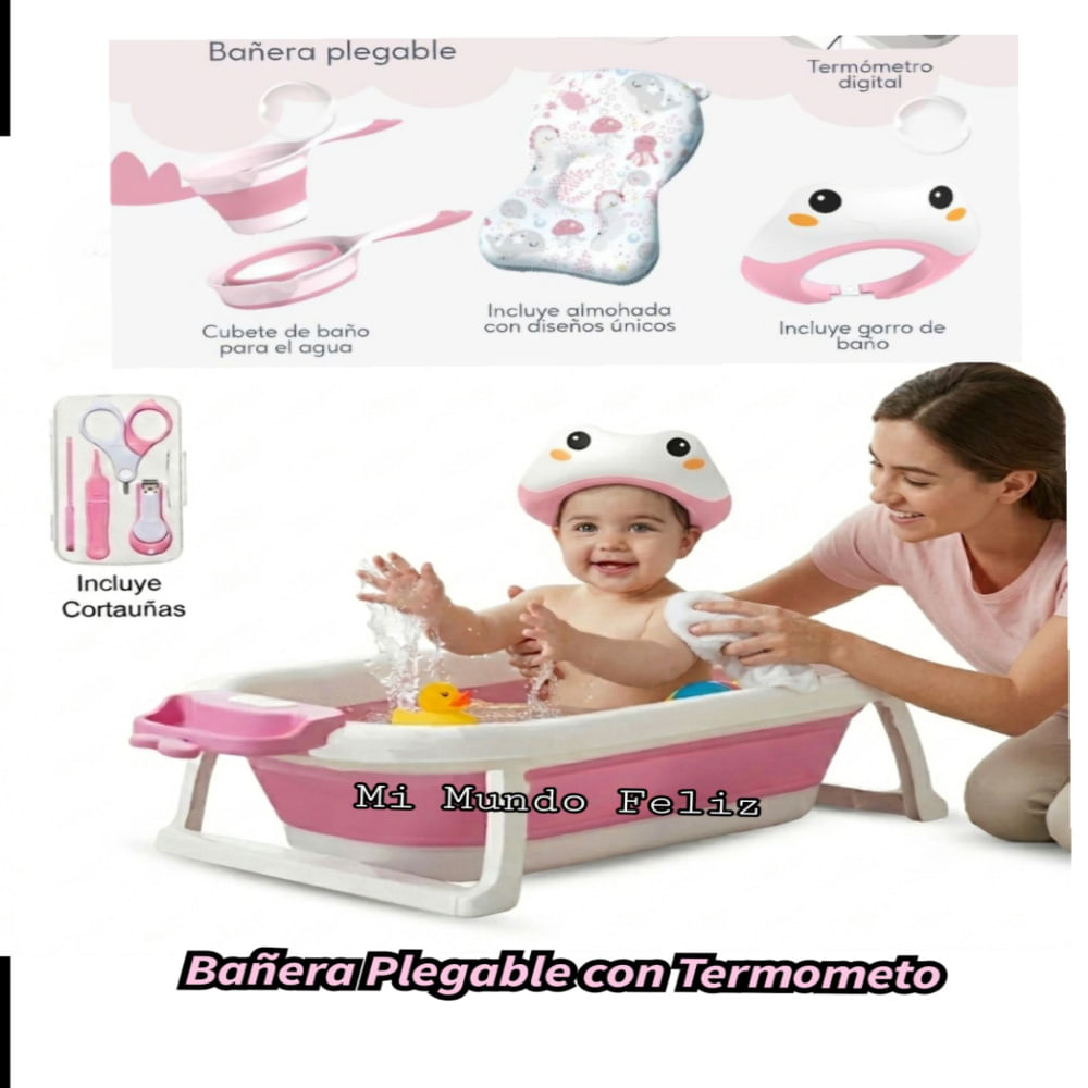 Bañera Para Bebe Con Termometro Gorrito Cojin Cortauña Cubeta
