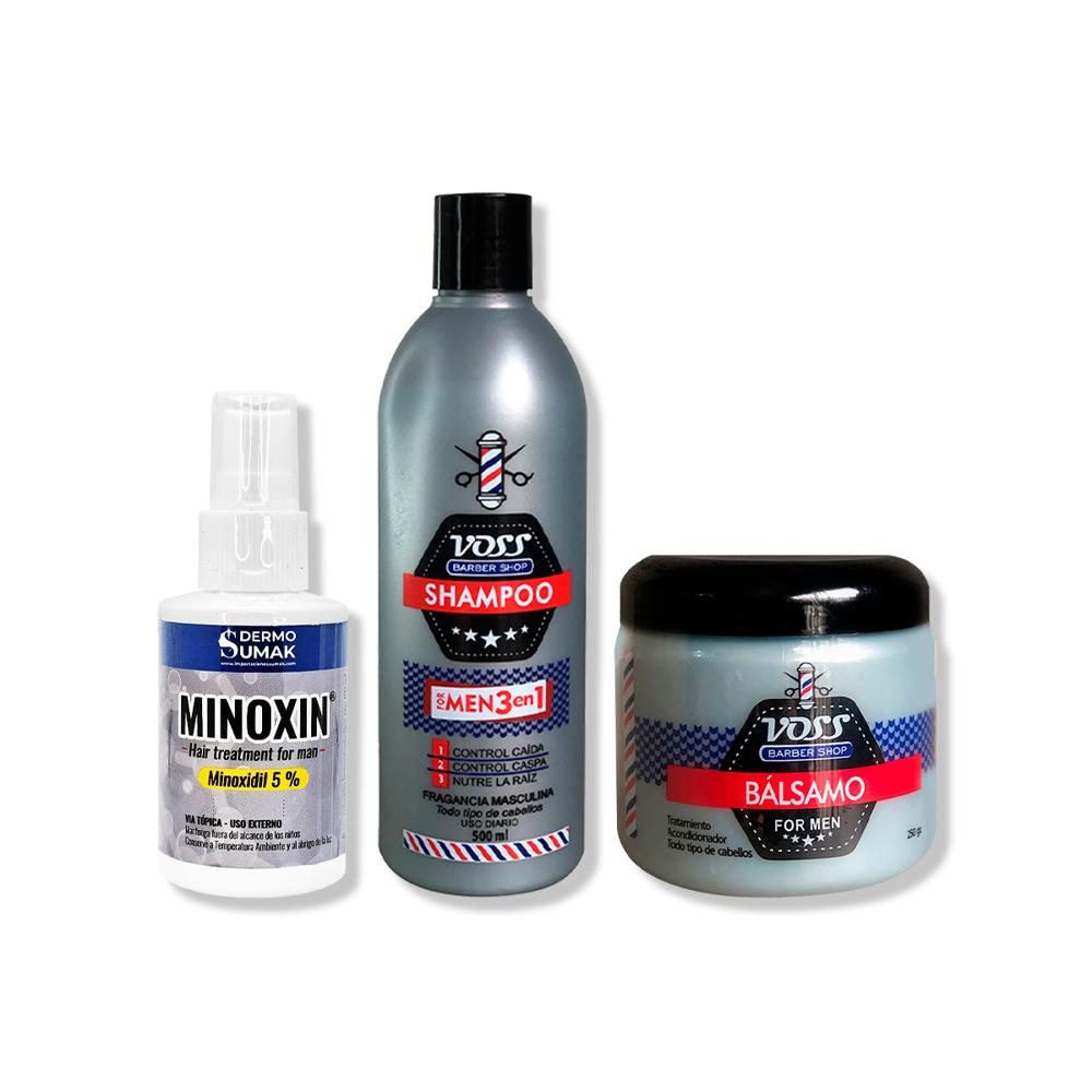 Locion Minoxin 60ml + Shampoo Voss + Acondicionador De Balsamo Voss