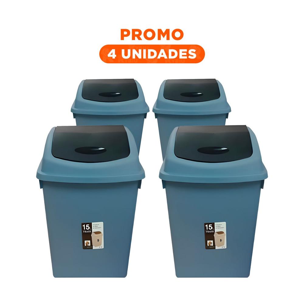 Pack4 Recipiente Azul para Basura con Apertura Vaiven 15L