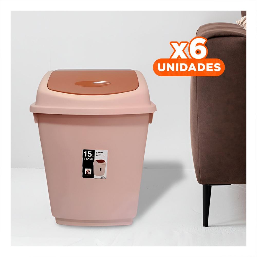 Pack6 Deposito de Basura con Tapa Vaiven y Acabado Marron 15L